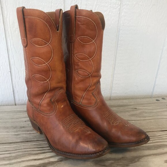 Vintage Landis Mens Buffalo Brown Leather Cowboy Western Boots 9.5 D 94046 USA - Picture 1 of 13